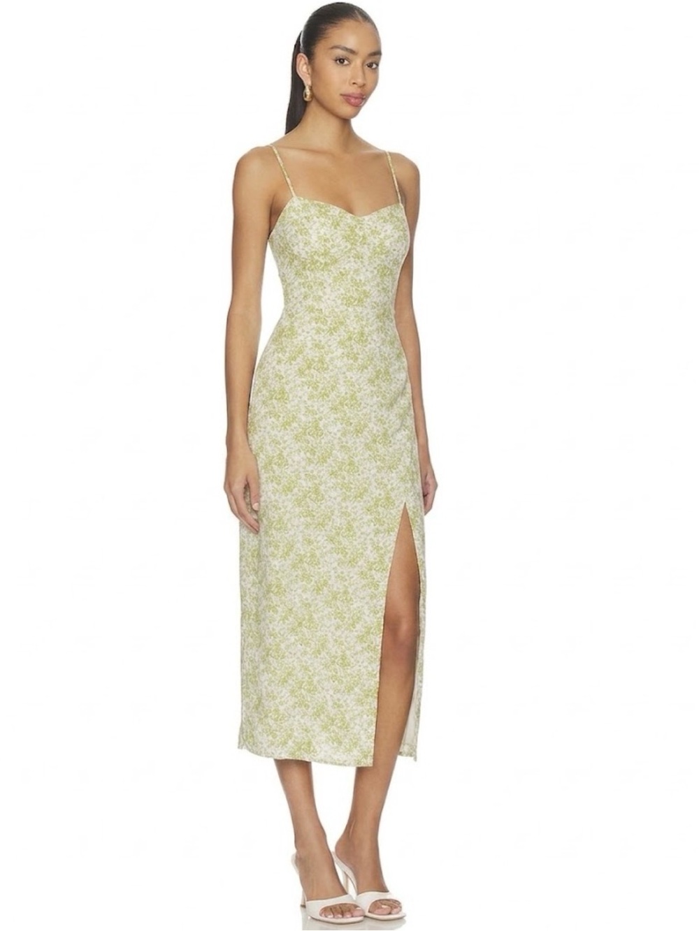REVOLVE Light Green Floral Midi Dress with Side Slit